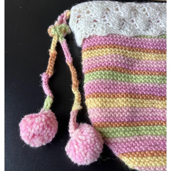 Vtg Handmade Crochet Christmas Stocking Pastel Multi Color 100% Wool Sack 12" - Picture 2 of 13
